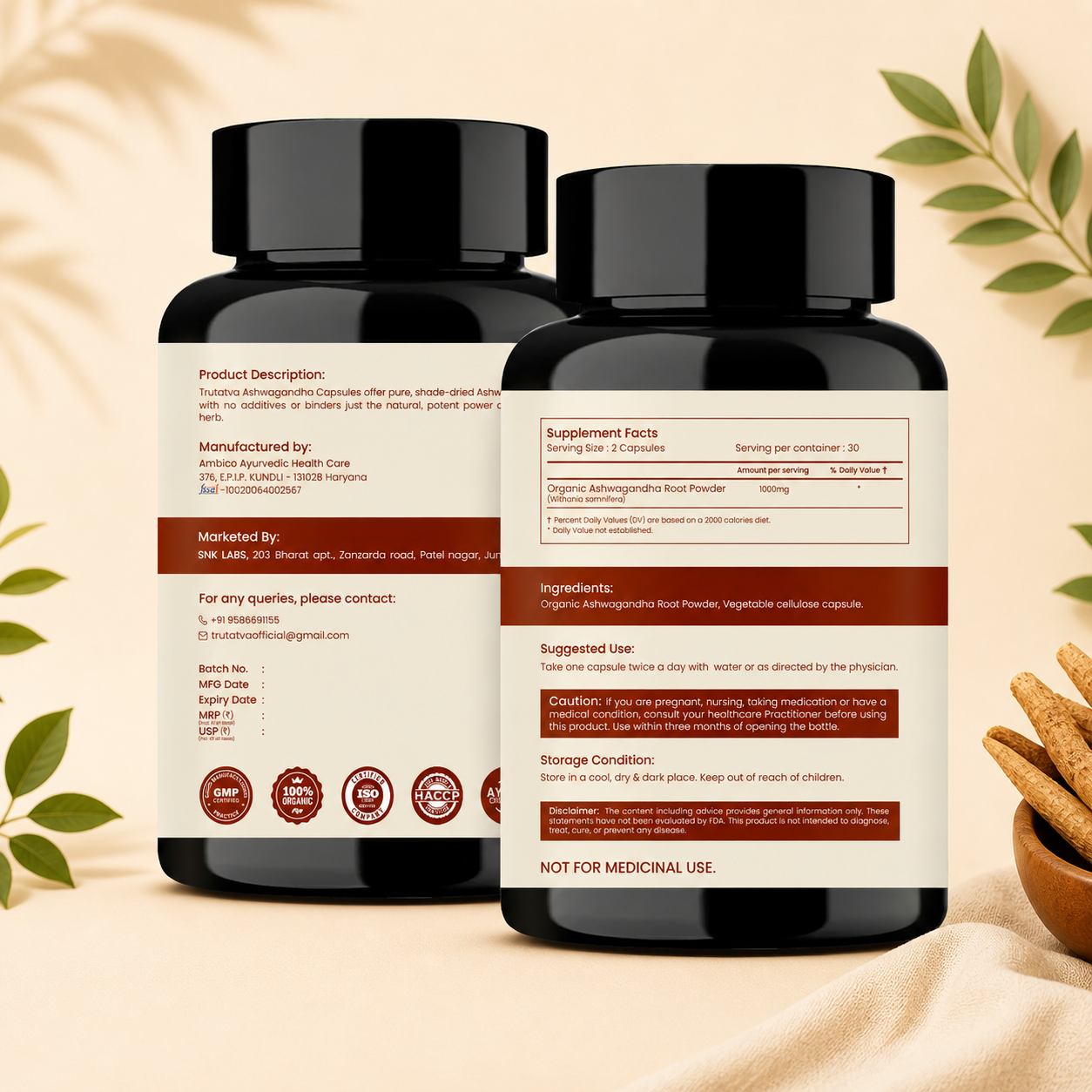 Trutatva Ashwagandha capsules ingredients – pure root extract, no additives