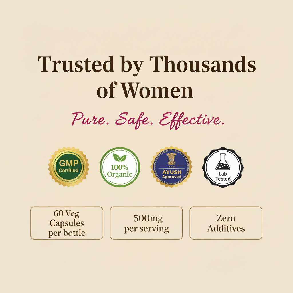 Trutatva Shatavari capsules GMP and AYUSH certification badges