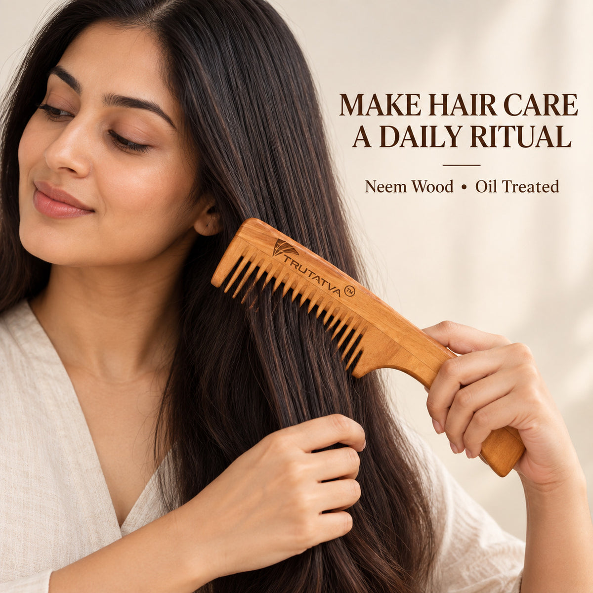 Woman using Trutatva Neem wood comb for daily hair care