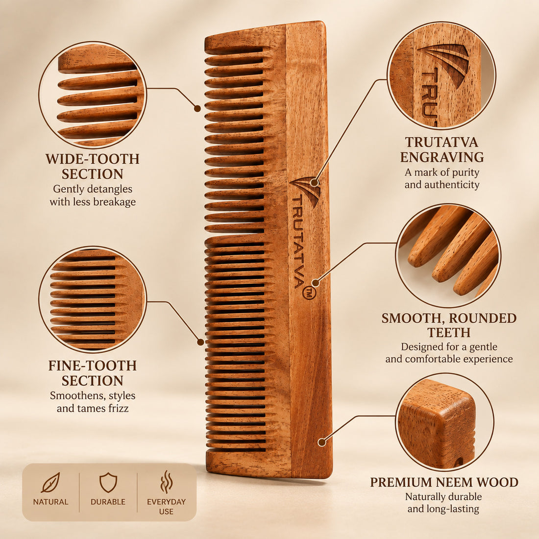 Fine -Tooth Neem Wood Comb