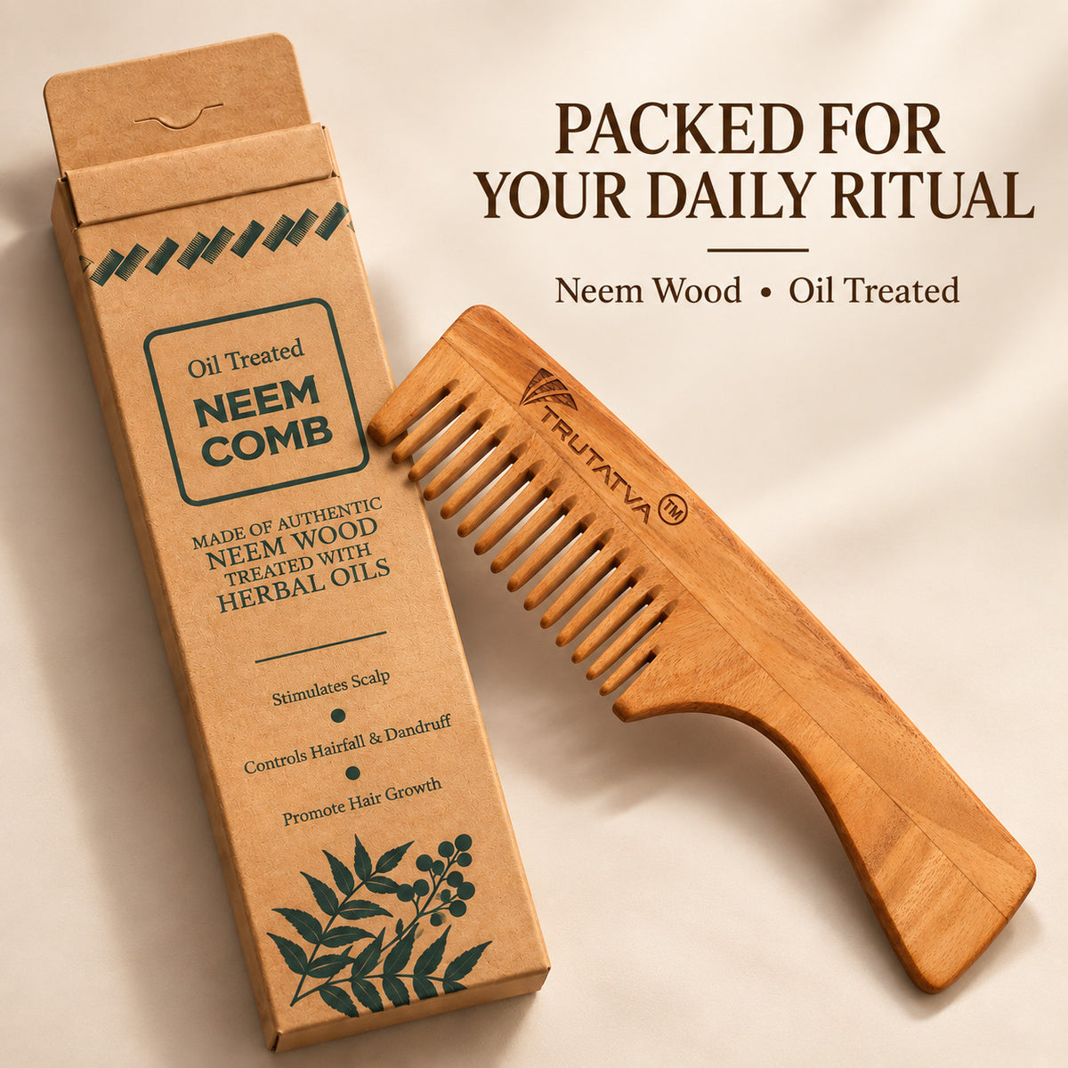 Trutatva Neem wood comb with its kraft packaging box