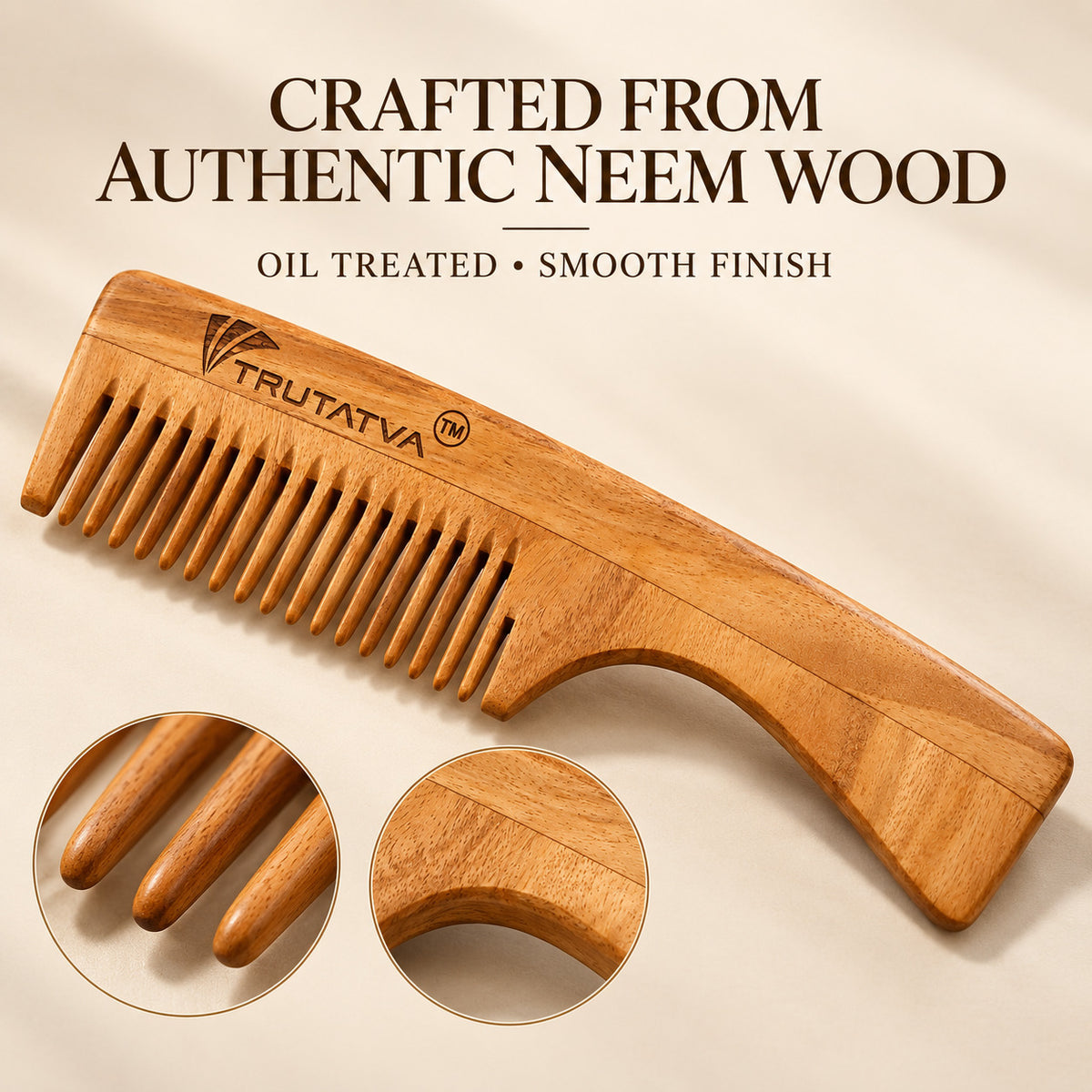 Trutatva Neem wood comb showing natural wood grain and smooth finish