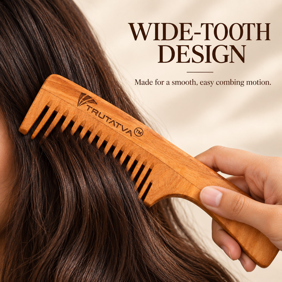 Trutatva Neem wood wide-tooth comb used on long hair